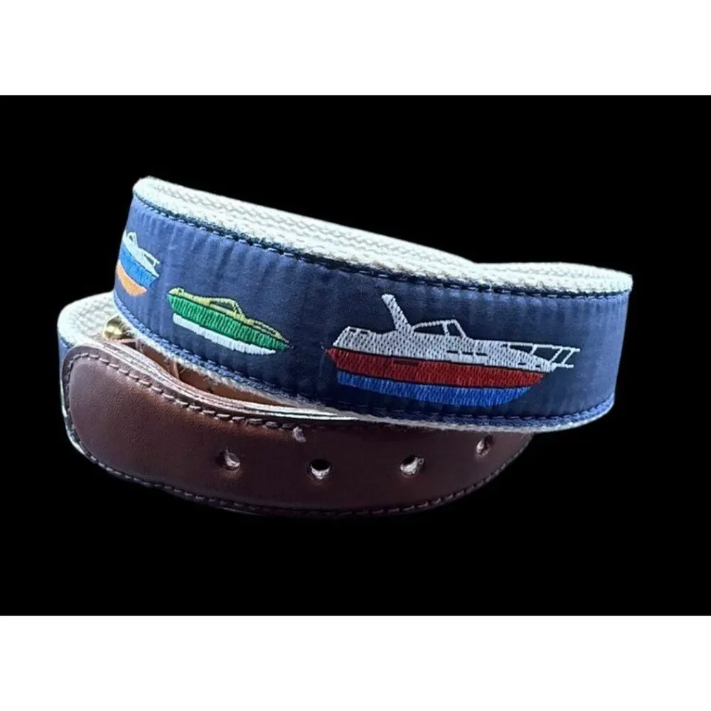 Canterbury Sz 32 Canvas Belt Blue Nautical Boats Leather Trim Solid Brass VTG